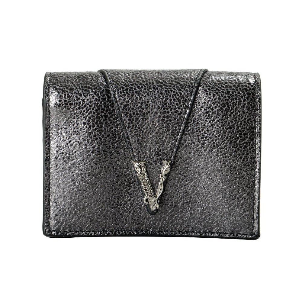 Versace Women's Metal Gray 100% Textured Leather V-Logo Wallet - Picture 2 of 6